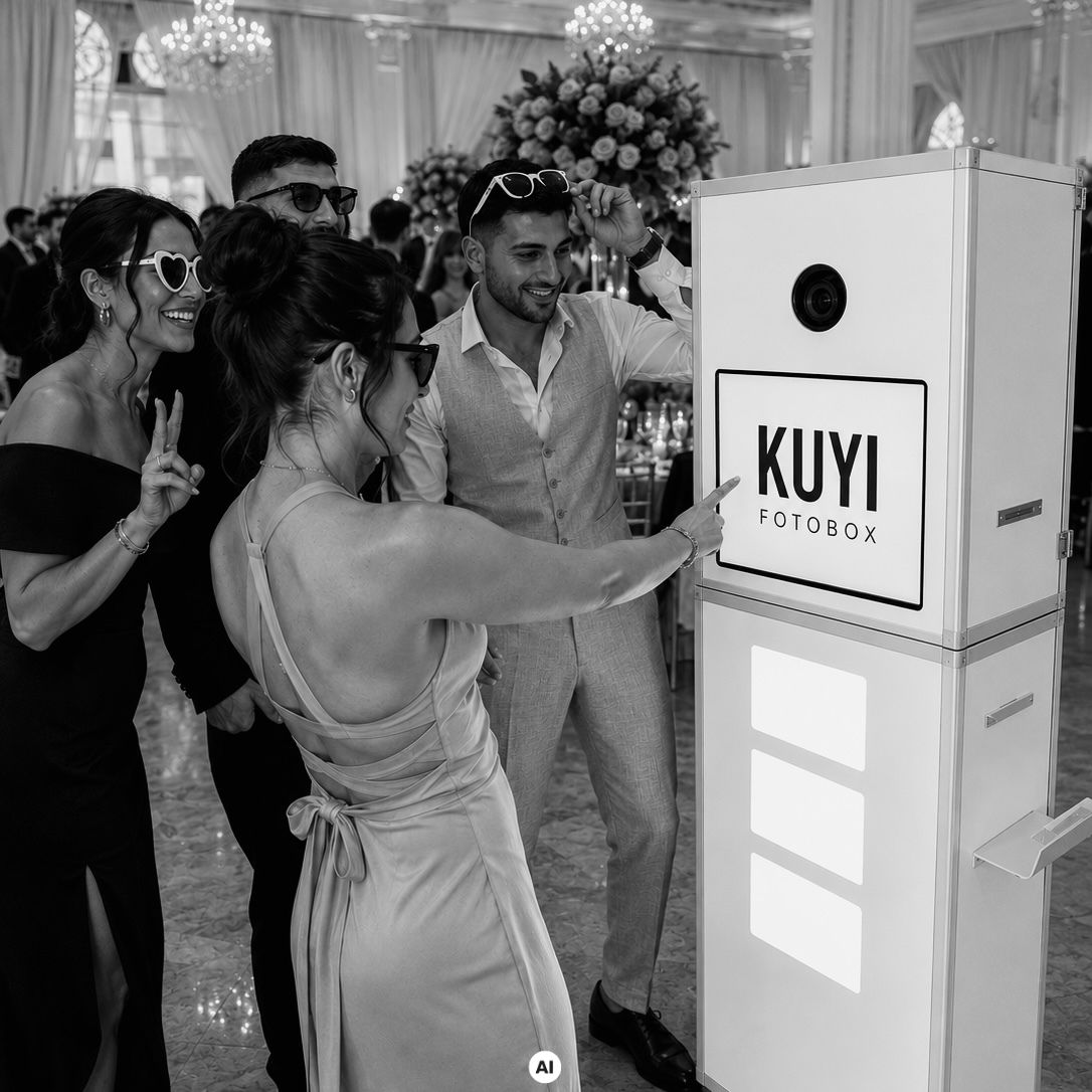Die KUYI Fotobox ist auf einer Hochzeit aufgestellt & Gäste schießen Fotos.