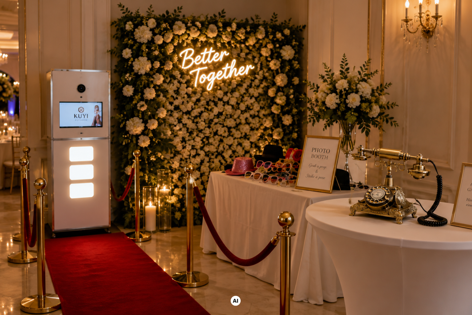 Die KUYI Fotobox ist auf einer Hochzeit aufgestellt & Gäste schießen Fotos.